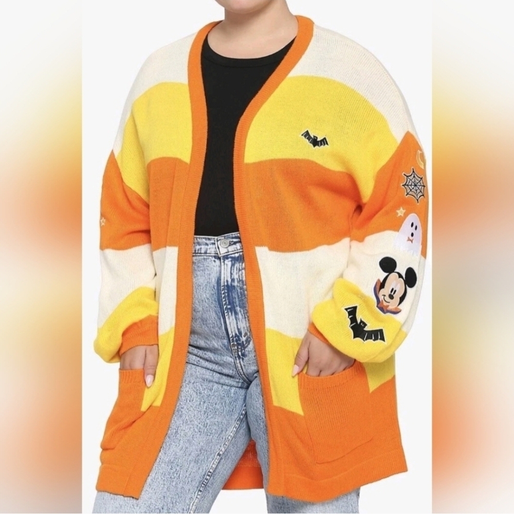 Disney Mickey Mouse Halloween Candy Corn Stripe Open Cardigan Size 4X.